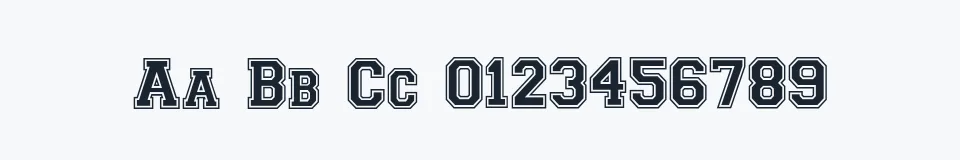 Rzeczywista próbka kroju Collegiate Heavy Outline — Aa Bb Cc 0123456789