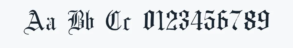 Rzeczywista próbka kroju English Gothic — Aa Bb Cc 0123456789