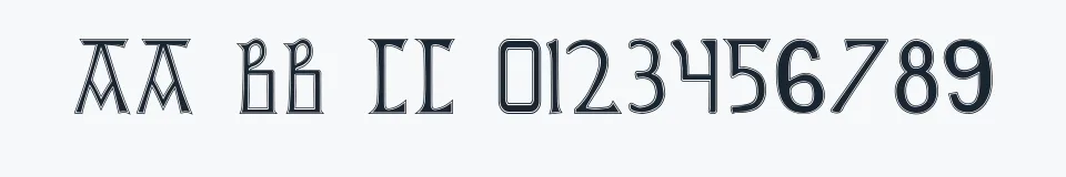 Rzeczywista próbka kroju British Outline Majuscules — Aa Bb Cc 0123456789