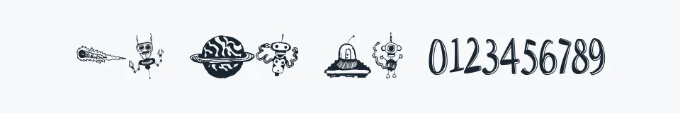 Rzeczywista próbka kroju Space Woozies Extras — Aa Bb Cc 0123456789