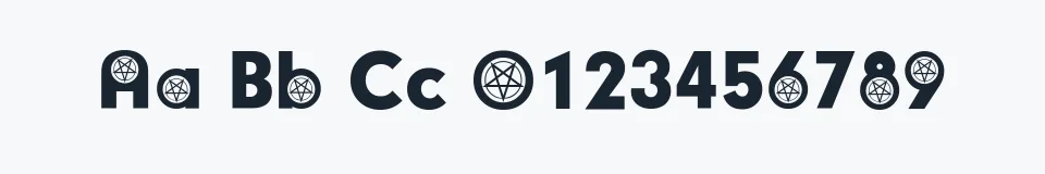 Rzeczywista próbka kroju Satanic Participants — Aa Bb Cc 0123456789