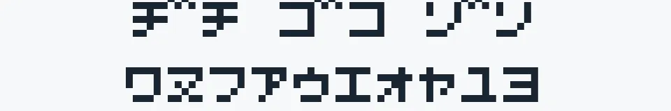 Rzeczywista próbka kroju D3 Littlebitmapism Katakana — Aa Bb Cc 0123456789