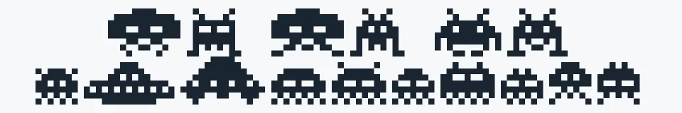 Rzeczywista próbka kroju Invaders — Aa Bb Cc 0123456789
