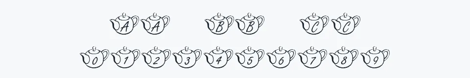 Rzeczywista próbka kroju KR Tea Time — Aa Bb Cc 0123456789
