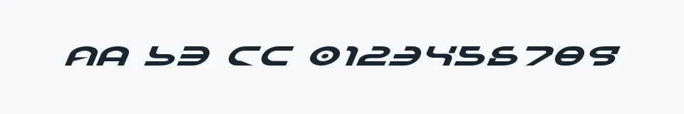 Rzeczywista próbka kroju Yukon Tech Expanded Italic — Aa Bb Cc 0123456789