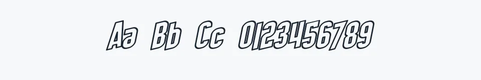 Rzeczywista próbka kroju SF Obliquities Outline — Aa Bb Cc 0123456789
