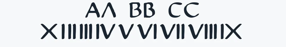 Rzeczywista próbka kroju Justinian — Aa Bb Cc 0123456789